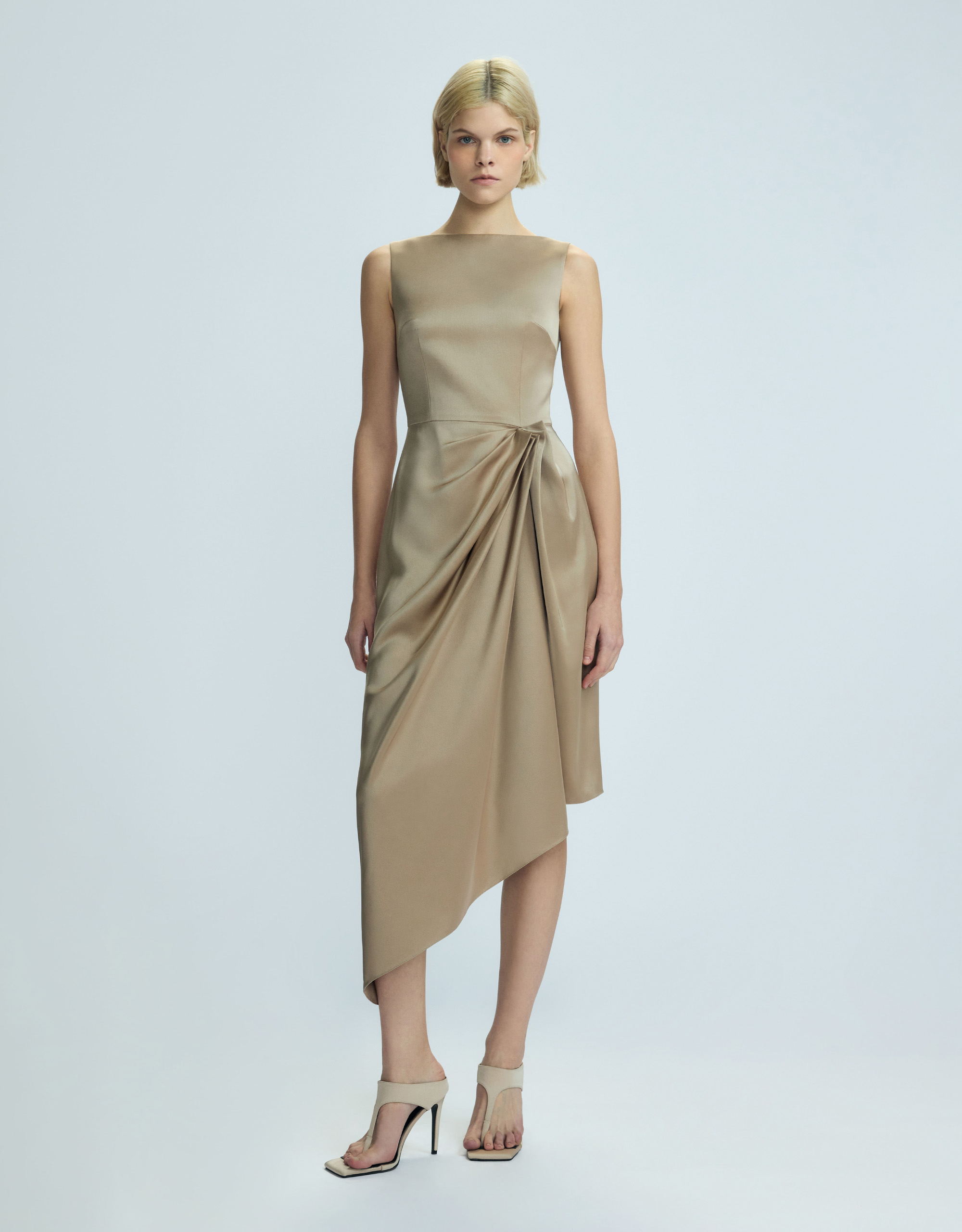 sleeveless draped front asymmetric hem dress Adrianna Papell Satin Asymmetric Draped Dress